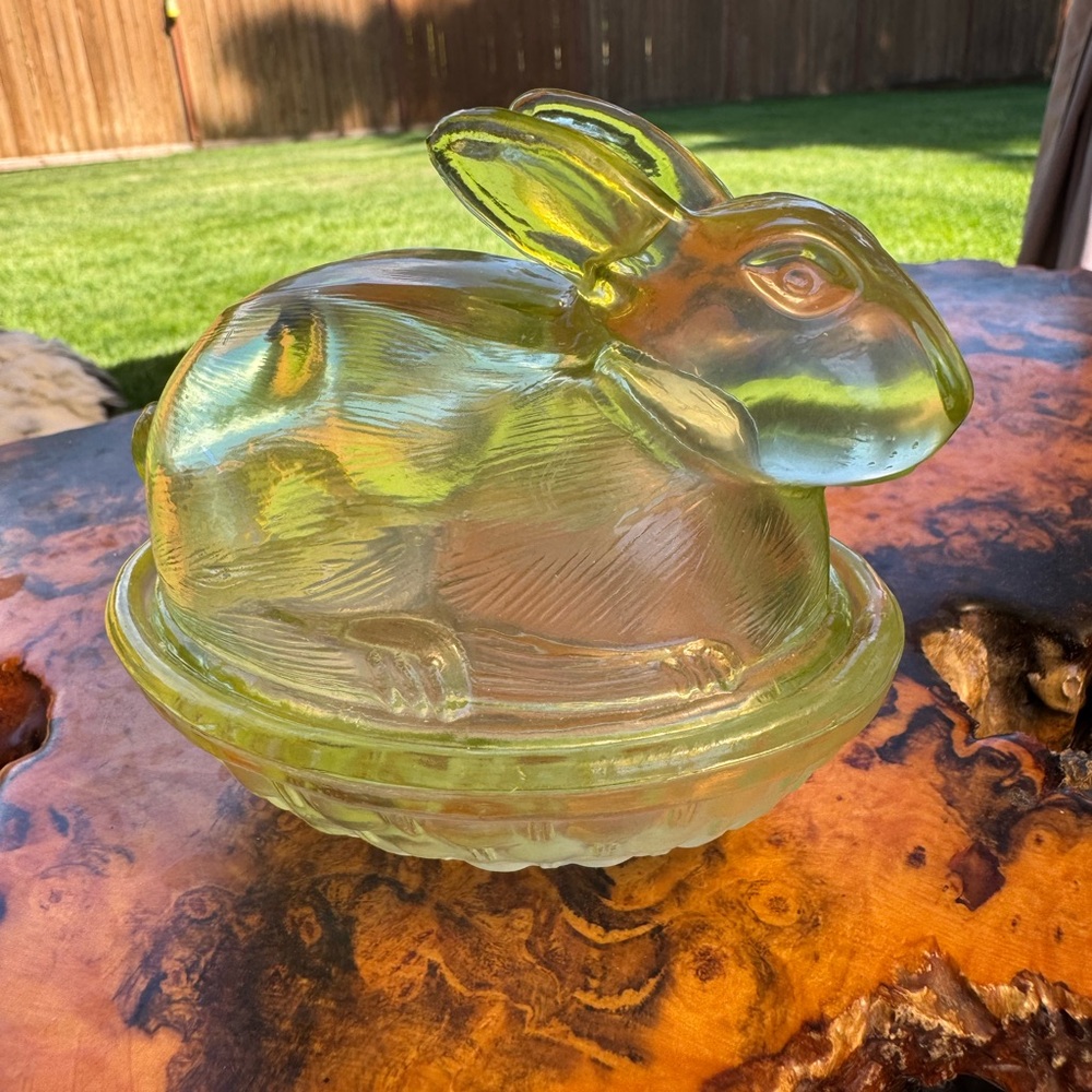 Green Glass Rabbit on a Basket Dish
